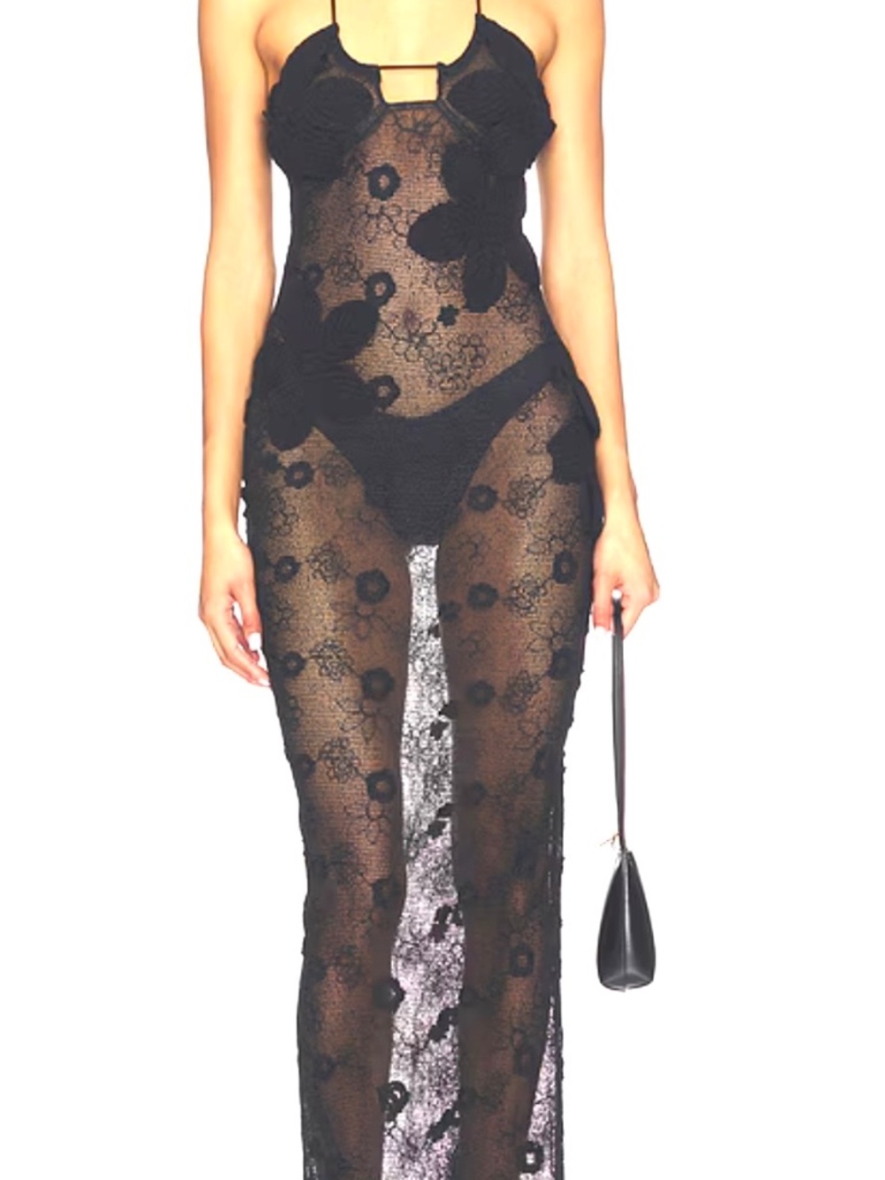 Revolve MORE TO COME Black Mesh Embroidered Flower Fishnet Halter Dress Size M •